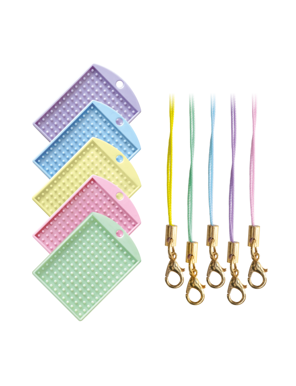 set van 5 niet-transparante sleutelhangers pastel + cords