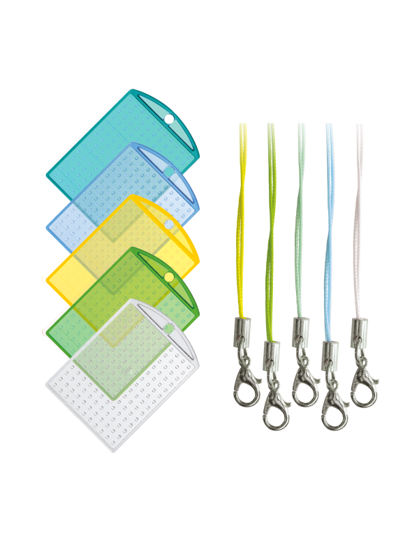 set van 5 groene-blauwe transparante sleutelhangers + cords