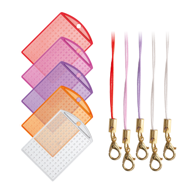 set van 5 geel-rood-roze transparante sleutelhangers + cords