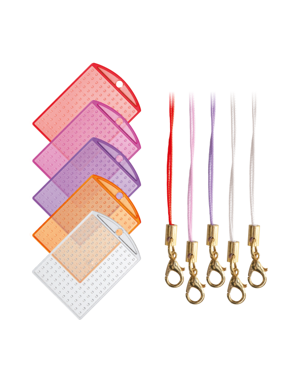 set van 5 geel-rood-roze transparante sleutelhangers + cords